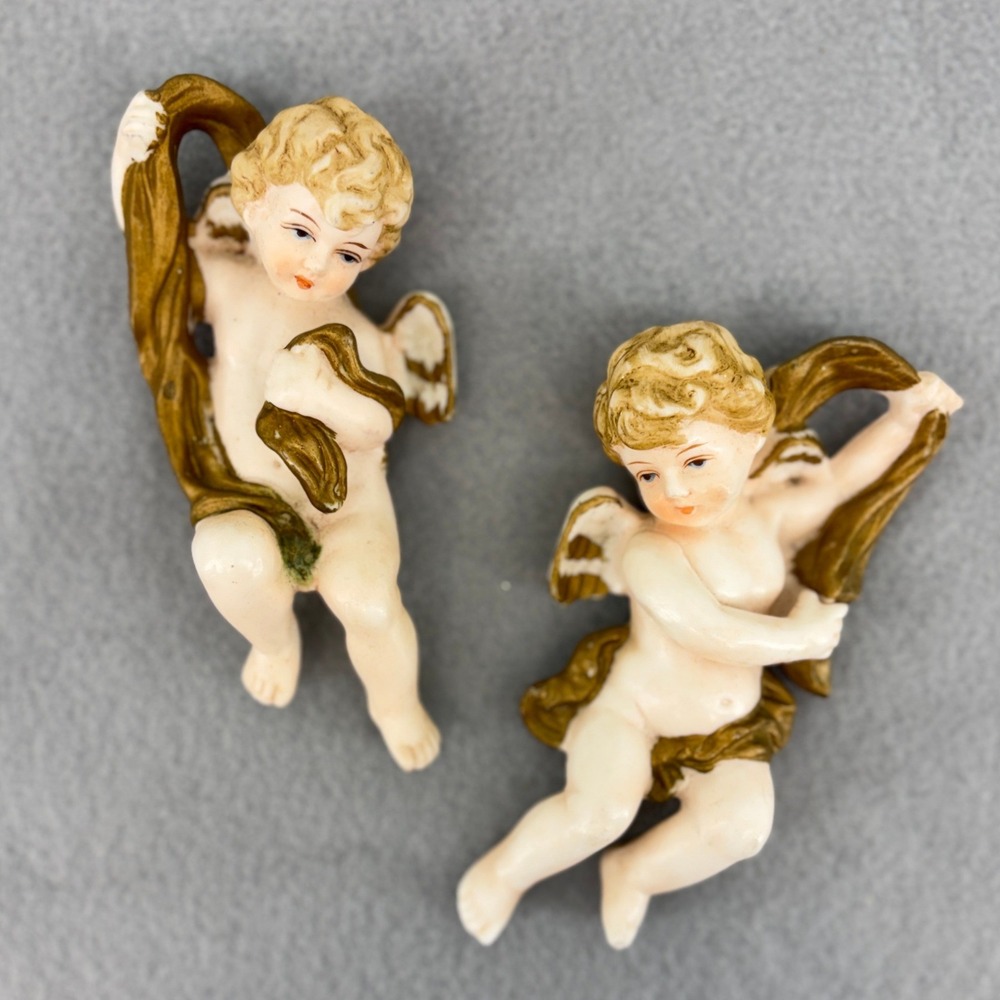 Vintage MCM Bisque Porcelain Cherub Wall Hanging Set Gold Putti Angels Rococo